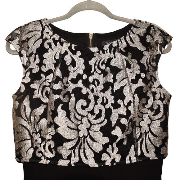 TAHARI ASL $189 Black Silver Brocade‎ Cap Sleeve Sheath Dress Size 4 - Picture 3 of 4